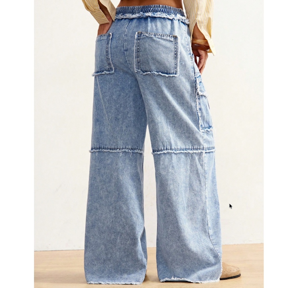 Light Wash Stretchy Waist Mineral Wash Wide Leg Denim Jeans Pants - Picture 4 of 5